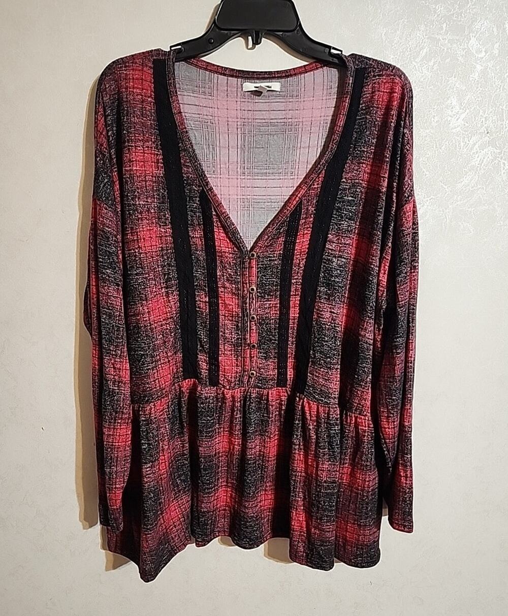 Maurices Womens Baby Doll Top 3/4 Sleeve Red Plaid Lace Strips Button Chest 2X